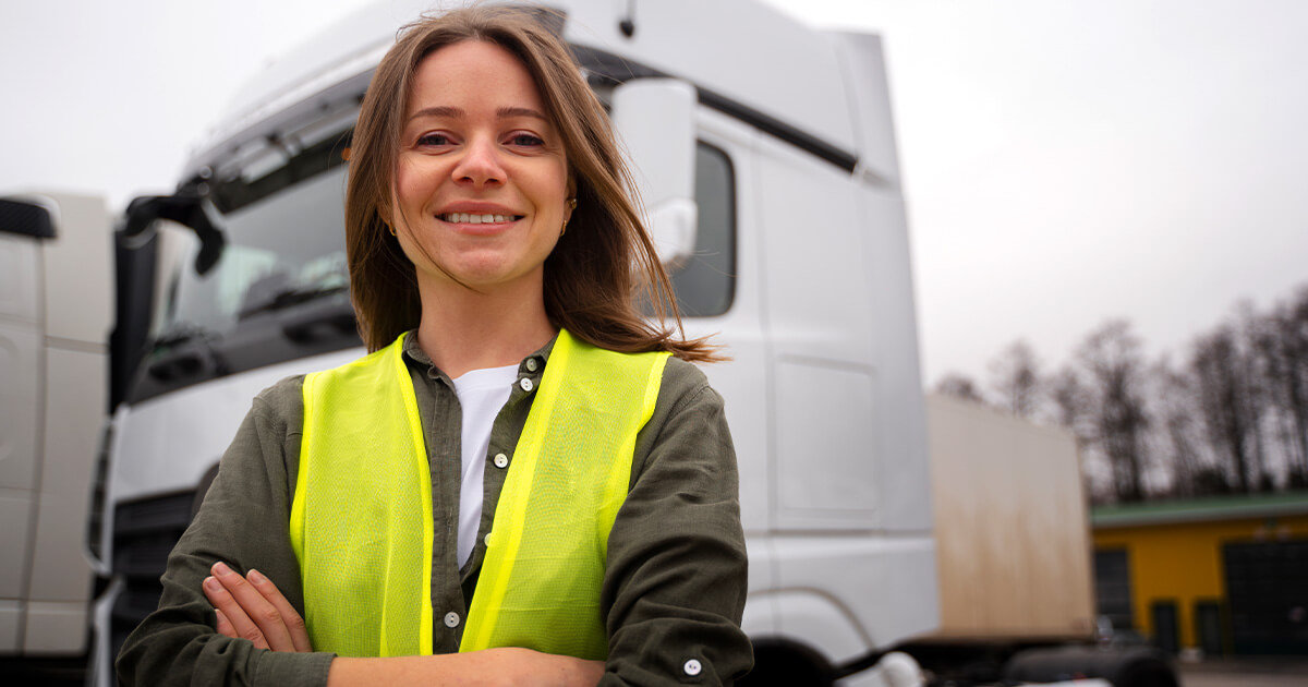 Woman truck driver standing in front of transport truck smiling.
